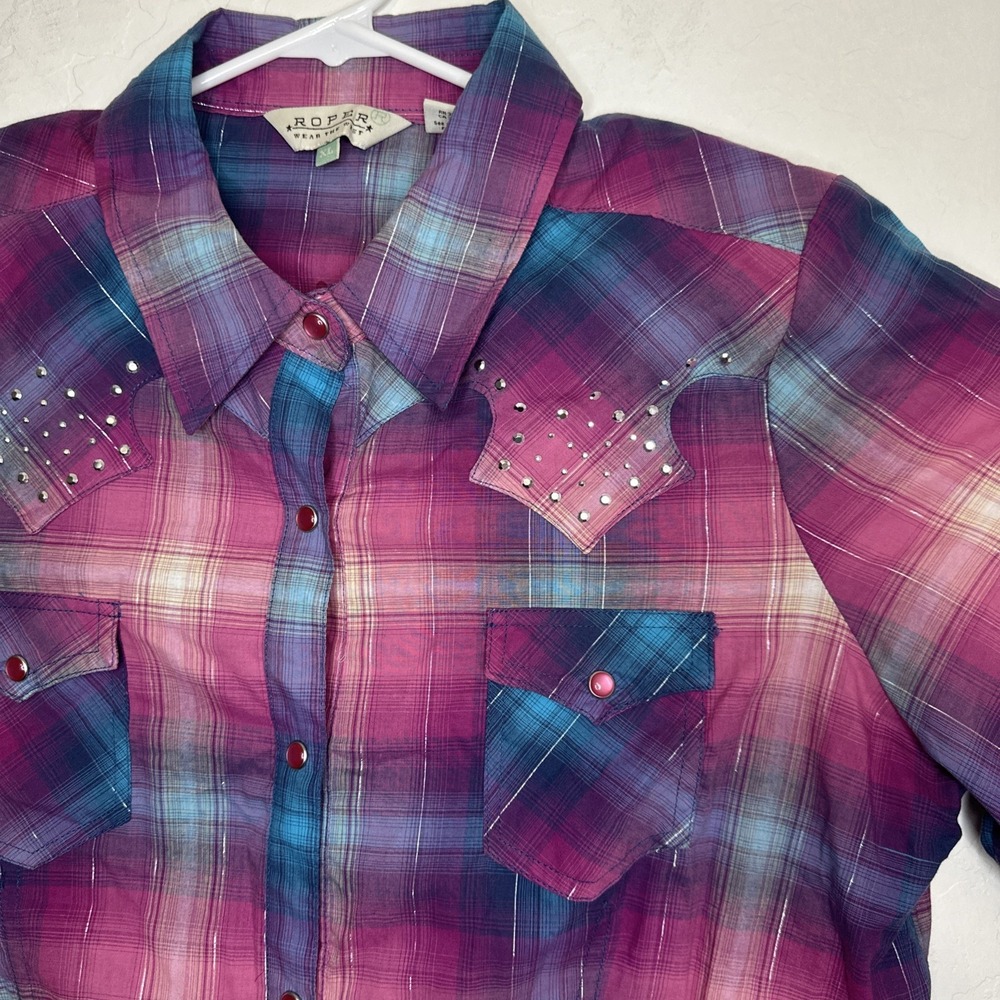 Roper Girl’s Pink Pearl Snap Pink Blue Purple Plaid Long Sleeve W/‎ Dazzle XL